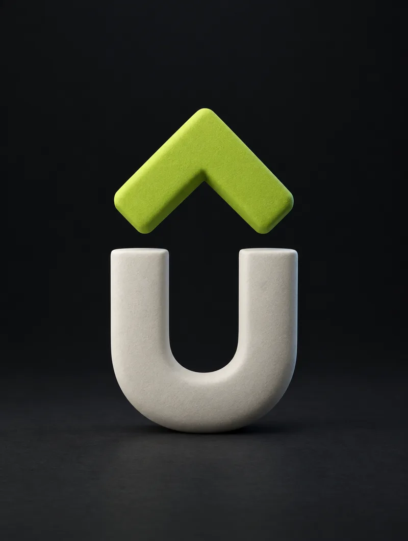 The Upsite Studio mark as a sculpture: a lime chevron rising over an off-white U